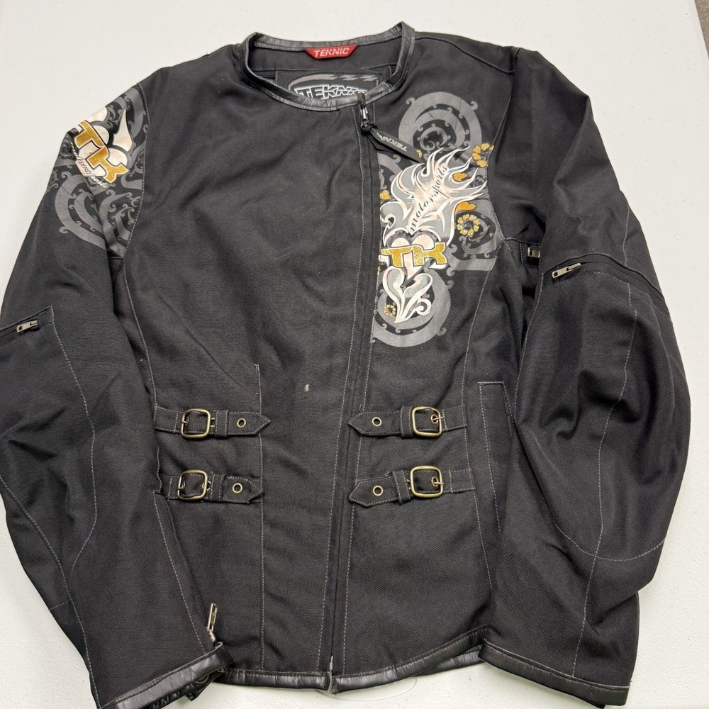 Teknic Motorcycle Jacket Womens 4 Black Excellent Graphic Buckle Moto Racing